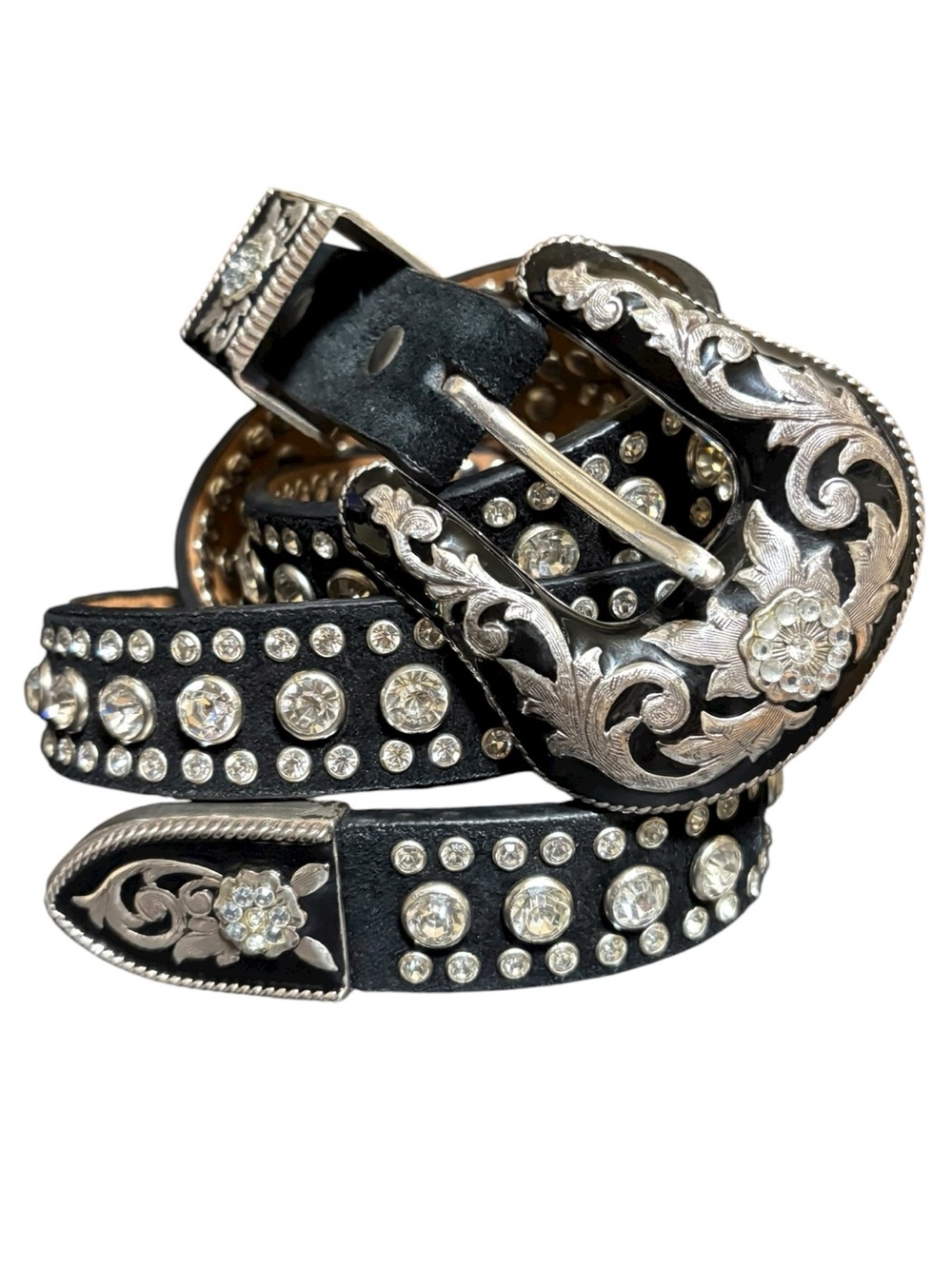 Nacona Belt Company Black Leather Suede Rhinestone Floral Etched Silver Belt XL